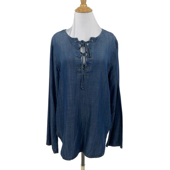Cloth & Stone Shirt Womens S Small Blue Chambray Lace Up Long Sleeve Tencel Top - Picture 1 of 13